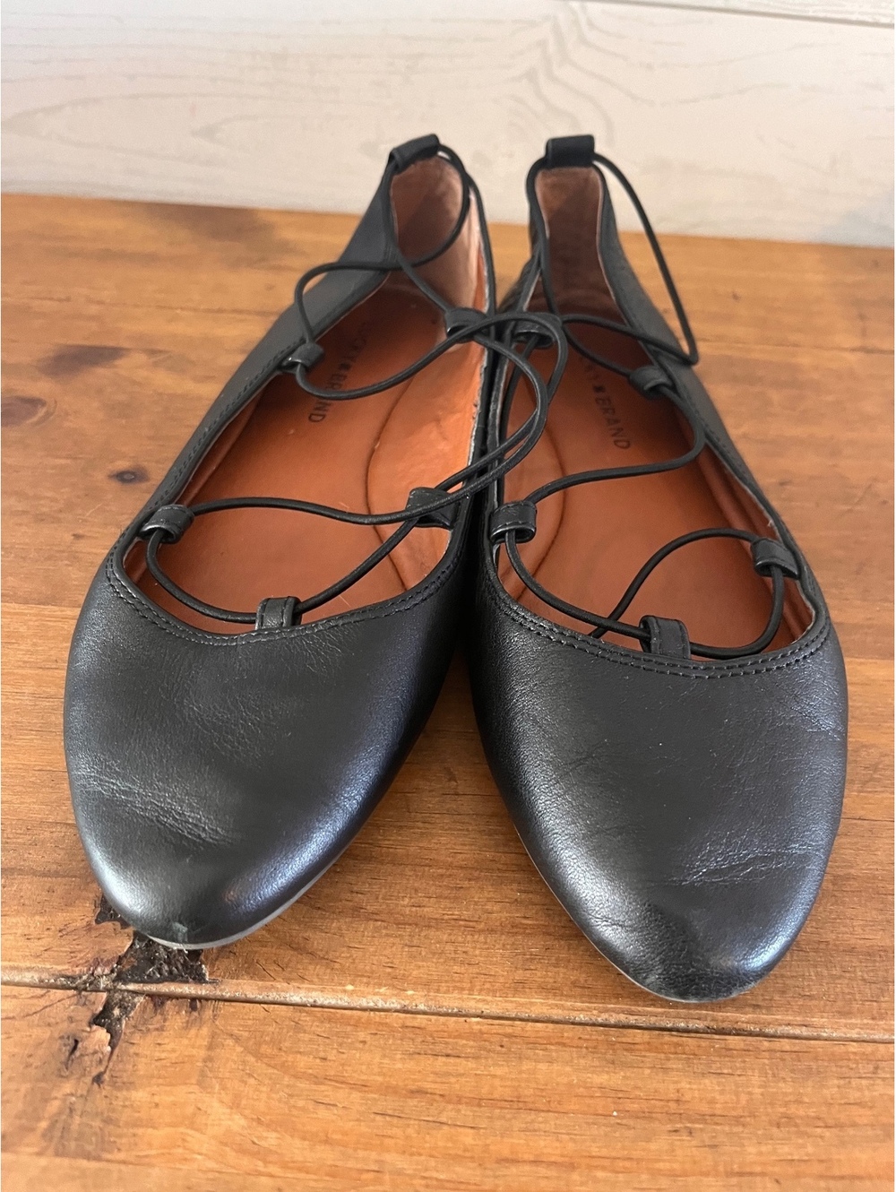 Lucky Brand "Aviee" Black Leather Lace-Up Ghillie Ballet Flats 7.5
